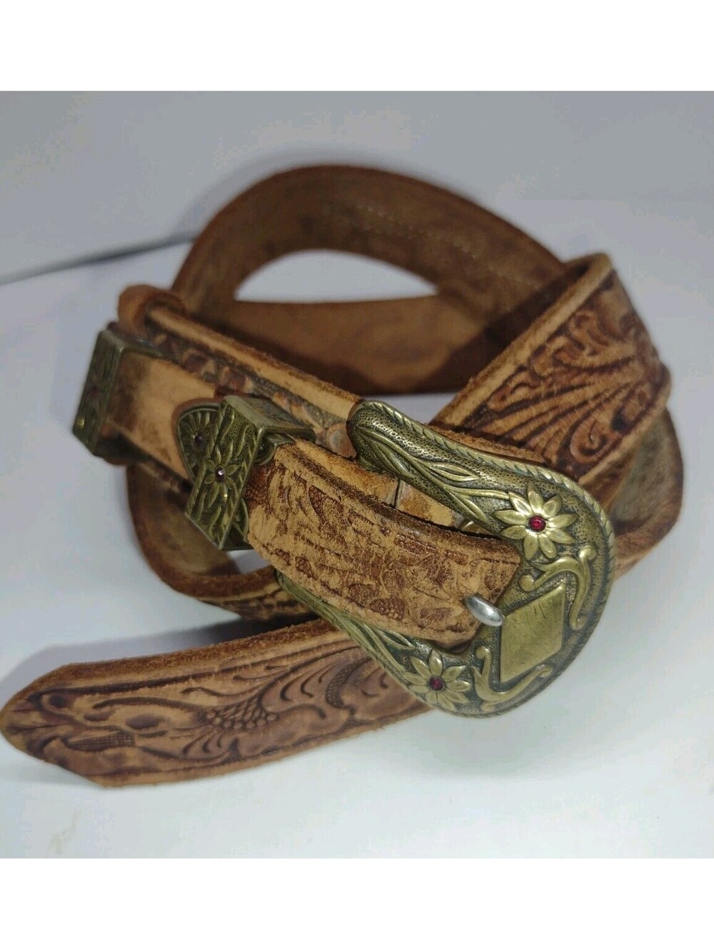 Vintage 80s Justin Western Ranger Belt Tooled Leather Brass Floral Red Stones 30
